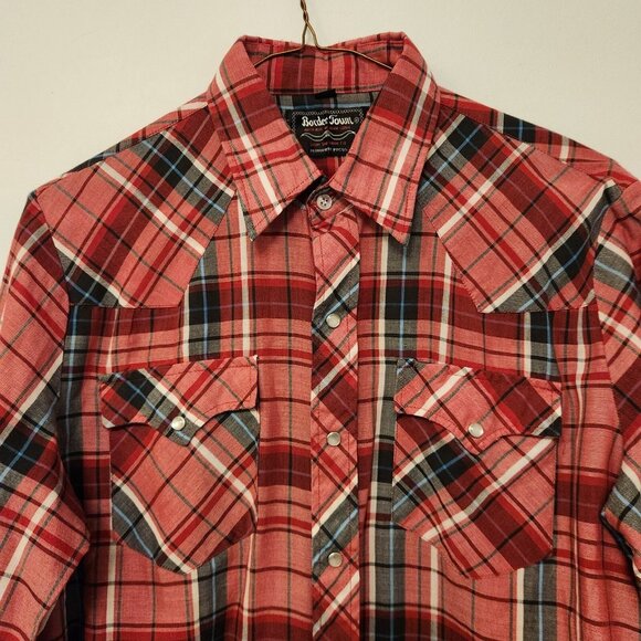 Border Town Pearl Snap Shirt Western Mens Medium Red Black Plaid Vintage - Picture 6 of 15